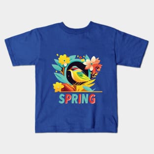 Whispers of Spring: Serene Floral and Bird Art Print Kids T-Shirt